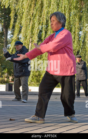 Peking, eine Frau in Ritan Park Tai Chi Übungen Stockfoto