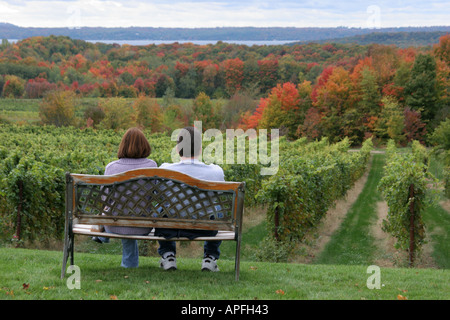 Michigan, MI, mich, Upper Midwest, Old Mission Peninsula, Traverse City, Chateau Grand Traverse Winery, Rat für Weinbau und Weinindustrie, Bank, Paar, Erwachsener, Anzeige Stockfoto