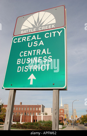 Michigan Battle Creek,Informationen,Ausstrahlung,veröffentlichen,Nachricht,werben,Cereal City USA,Central Business,Bezirk,MI051020046 Stockfoto