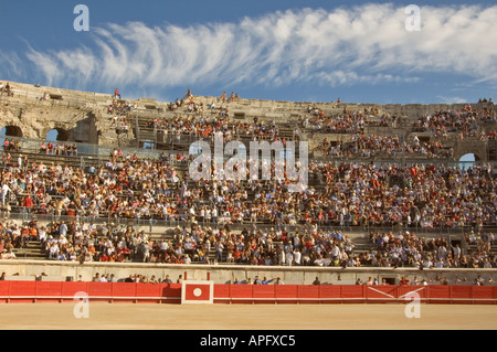 Les Arenes Roman Amphitheater beim Stierkampf Nimes Gard, Frankreich Stockfoto