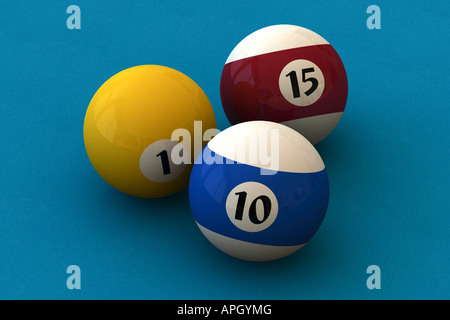 Drei Billardkugeln auf einen blauen Billard-Tisch (3D-Rendering) Stockfoto