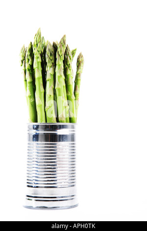 Ein abstraktes Bild von Spargel Stiele Konserve Silber Essen vor einem weißen Hintergrund Stockfoto