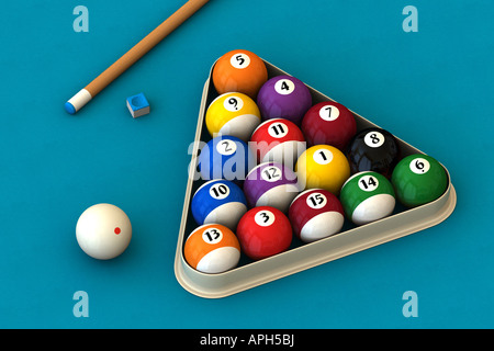 Rack Pool Kugeln eine Queue und eine Pool-Kreide-Block auf a blaue Tabelle (3D-Rendering) Stockfoto