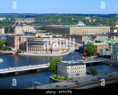 Blick über Altstadt Riddarholmen Insel, Parliament House und Djurgården Insel aus dem Rathausturm in Stockholm Schweden Stockfoto