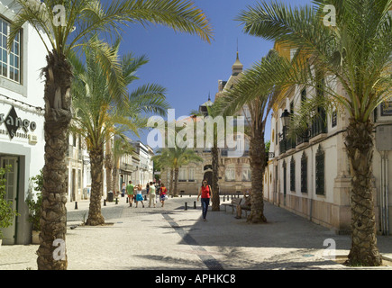 Portugal Algarve Faro Stadtzentrum, mit Palmen gesäumten Straße Stockfoto