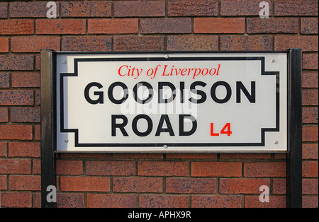 Straßenschild der Goodison Road, Liverpool - die Heimat des FC Everton Football Club Stockfoto