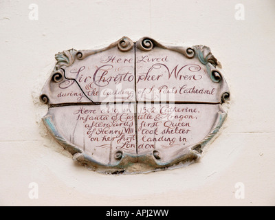 Plaque, die Aufnahme der Residenz von Christopher Wren in ein Haus am Kardinäle Wharf jedoch nicht feststeht, dass Wren hier gelebt. Stockfoto