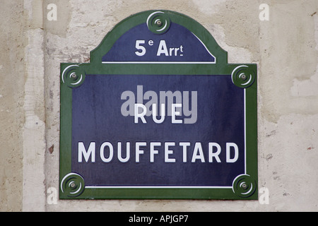 Straßenschild Rue Mouffetard Markt Paris Stockfoto