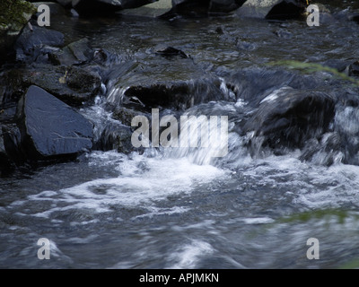 Kleiner Bach über glatte Felsen bilden einen kleinen Wasserfall. Stockfoto