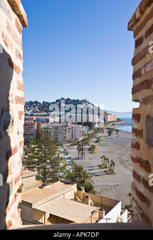 Almunecar Costa Tropical Granada Provinz Spanien Blick vom Castillo de San Miguel in Richtung Playa Velilla und Playa Tesorillo Stockfoto