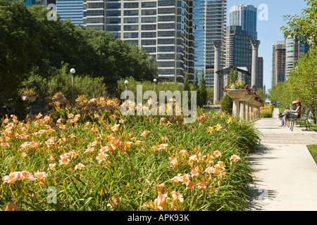 ILLINOIS-Chicago-Taglilien und Leute sitzen auf einer Bank im Krebs Überlebenden Garten im Grant Park Stockfoto