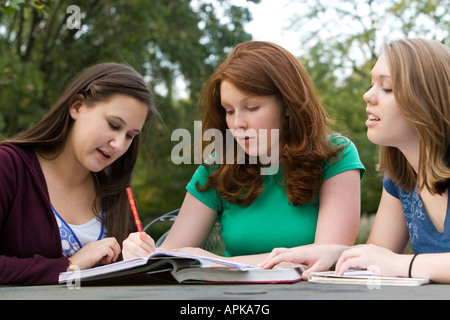 ILLINOIS Riverwoods drei Mädchen im Teenageralter gemeinsam Buch studieren und schreiben in notebook Stockfoto