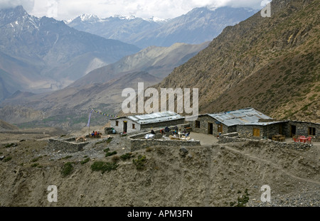 Trekker ruhen in einem Teehaus. Auf dem Weg nach Muktinath. Annapurna Circuit Trek. Mustang. Nepal Stockfoto