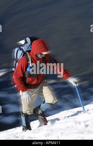Mann in rote Jacke Klettern Schnee auf Mount Adams Yakima County Cascade Mountains Washington USA Stockfoto
