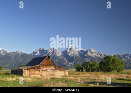 Alte Scheune unterhalb der Teton Berge Grand Teton Nationalpark Teton County Wyoming USA Stockfoto