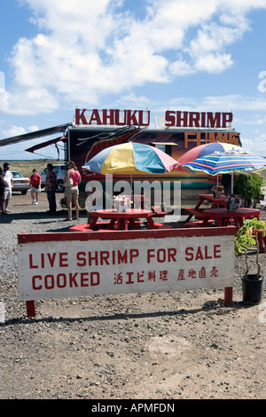 Beliebte Straßenrand gekochten Garnelen stehen Kahuku Garnelen Nordküste Oahu Hawaii USA Stockfoto