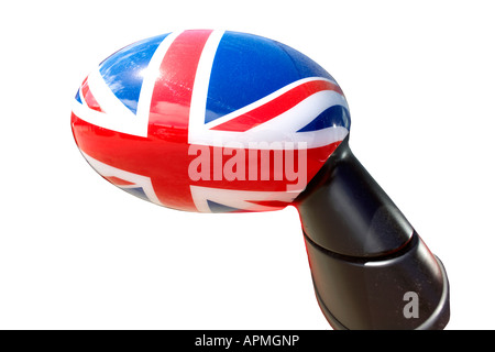 Union Jack Flügel Spiegel Union Jack Anschluß-Markierungsfahne Außenspiegel auf Mini Cooper in patriotischen Patriotismus, GB, UK, England, Großbritannien, Stockfoto