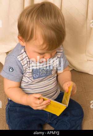 Baby Junge elf Monate alt Blick auf kleines Buch Stockfoto