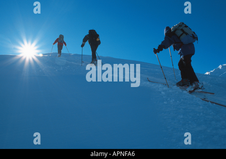 Back Country Skiing, auf Skiern durch Schnee stapfen. Stockfoto