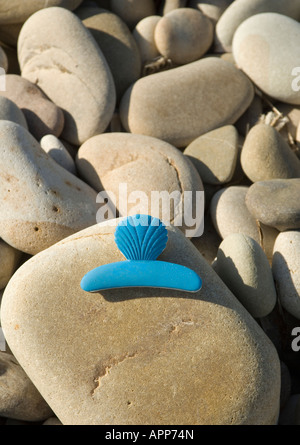 Blaue Schale geformten Haarspange auf Steinen am Strand Stockfoto