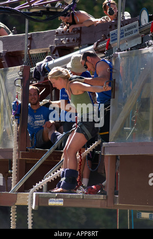 Eine Frau-Bungee-Jumping von der A J Hackett Brücke über dem Kawarau River in Queenstown, Südinsel, Neuseeland. Stockfoto