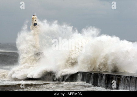 Riesige Welle trifft die Mole am Eingang zum Hafen von Aberdeen in Schottland, Großbritannien, während starke Winde und Stürme verursacht durch einen Sturm Stockfoto