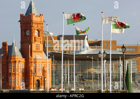 Cardiff Bay mit dem walisischen und dem Millennium Centre und Pierhead Gebäude mit Welsh Fahnen fliegen. Stockfoto