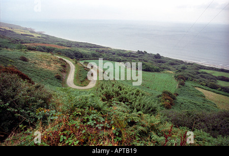 Gewundene Straße führt zum Strand von Marros Sands in Pembrokeshire Stockfoto