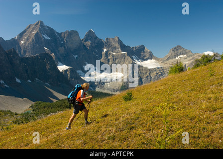 Wanderer am Goodsir Pass Mount Goodsir 3567m 11 703 im Hintergrund Kootenay Nationalpark in British Columbia Kanada Stockfoto