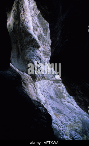 Sonnenlicht fällt ein Felsen zu Tage tretenden zwischen den steilen Wänden von einer engen Schlucht.   Colorado, USA. Stockfoto