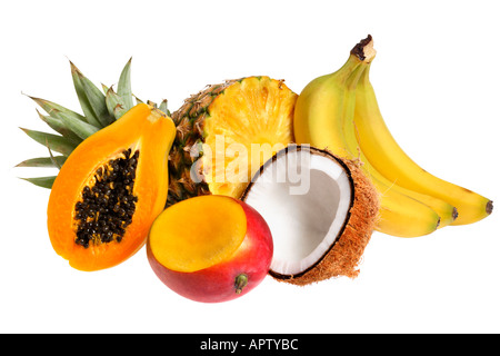Tropische Früchte; Papaya-Mango-Ananas-Kokos-Banane Stockfoto
