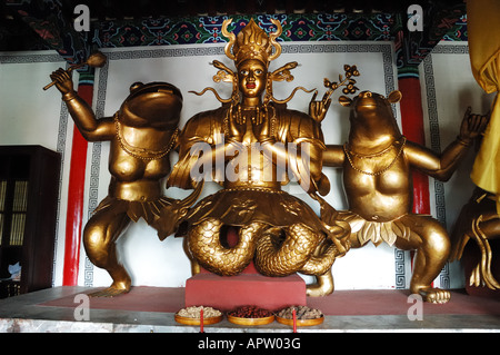 Statuen von Gottheiten, die in einem lokalen Dongba-Tempel verehrt. Lijiang, Yunnan, China. Stockfoto