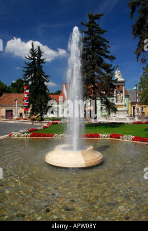 Brunnen, Bottyan Palace, City Hall und Heilige Dreifaltigkeit-Statue in der Fußgängerzone von Esztergom, Ungarn, Mitteleuropa Stockfoto