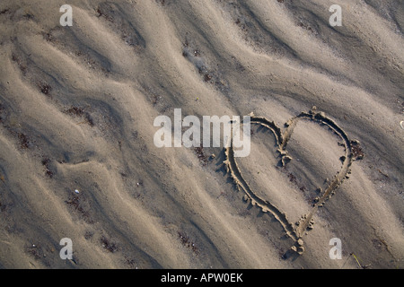 Herzen in den Sand gezeichnet Stockfoto