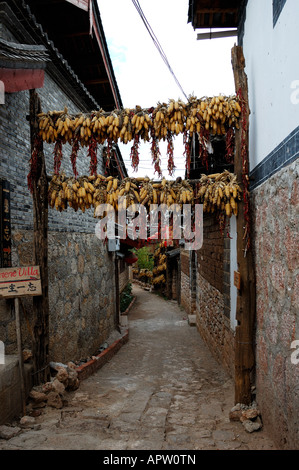 Schmale Gasse in der Wohngegend von der Altstadt von Lijiang, Yunnan, China Stockfoto