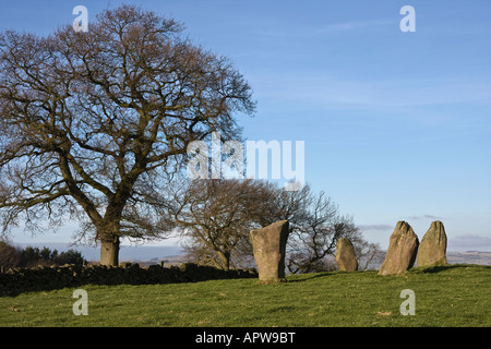 Neun Steinen engen Steinkreis, Harthill Moor, Peak District National Park, Derbyshire, England, UK Stockfoto