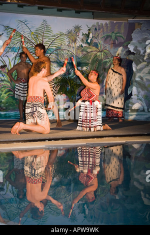 Menschen, die Durchführung von traditionellen Maori Tanz Unterhaltung auf der Bühne spiegelt sich in Wasserbecken Neuseeland Stockfoto