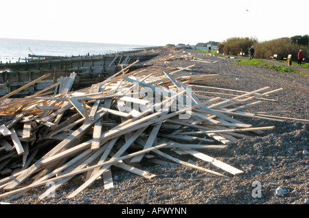 Holz an Land gespült an der Südküste am Goring Meer westlich von Worthing West Sussex von Striken Cargo Schiff der Eis-Prinz Stockfoto