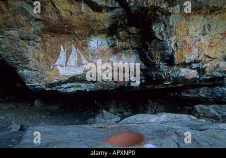 Kunst der Aborigines site, Davidson Safaris, Northern Territory, Aborigines Kunstgalerien, Kontakt Periode, Davidson Arnhemland Sa Stockfoto