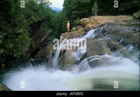 Hartnett, fällt, Cradle Mountain NP, Australien, Tasmanien, Wanderer am Abgrund eines Wasserfalls auf der berühmten 5 - allein stehend Stockfoto