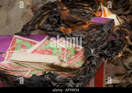Verbrennung von "Hölle Geld" für die Vorfahren während der Qing Ming Festival Malaysia, Süd-Ost-Asien Stockfoto