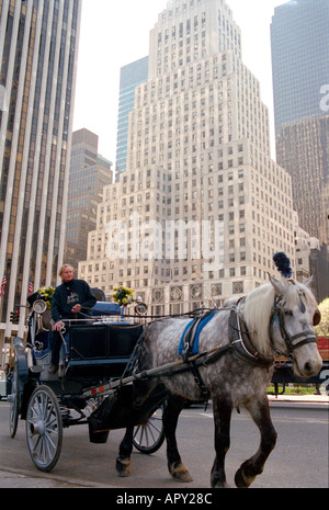 Pferdekutsche Kutschen außerhalb Plaza Hotel bringt Besucher auf Tour nahe Central Park und Mitte Manhattan New York City. Stockfoto