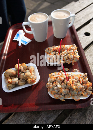 Vereinigtes Königreich Essex alt Leigh am Meer die krummen Billet Wirtshaus Teller mit Herzmuscheln und Wellhornschnecken Stockfoto