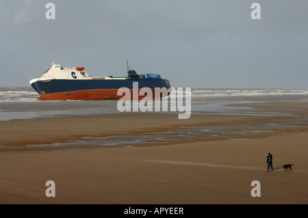 Ein Mann geht seinen Hund am Strand von Cleveleys, geht Lancashire, durch die betroffenen Ro-Ro-Fähre "Riverdance" Stockfoto