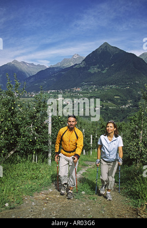 Nordic-walking-in der Nähe von Schenna in Südtirol, Italien Stockfoto