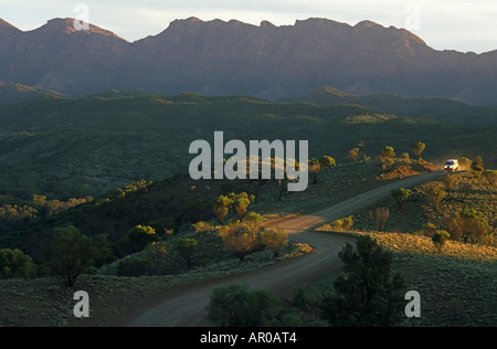 Feldweg durch Flinders Ranges, Flinders Ranges, Bunyaroo Tal im Abendlicht, South Australia, Australien Stockfoto