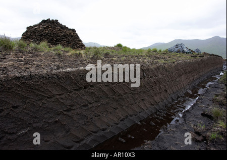 Hügel von Rasen Torf schneiden neben der geschnittenen Naht in einem Torfmoor in Connemara County Galway Irland Stockfoto