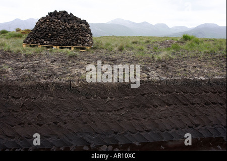 Hügel von Rasen Torf schneiden neben der geschnittenen Naht in einem Torfmoor in Connemara County Galway Irland Stockfoto