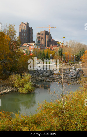 Architektur: Ansicht der Innenstadt von Calgary, Alberta, Kanada mit Reflexionen in den Ellenbogen-Fluss Stockfoto