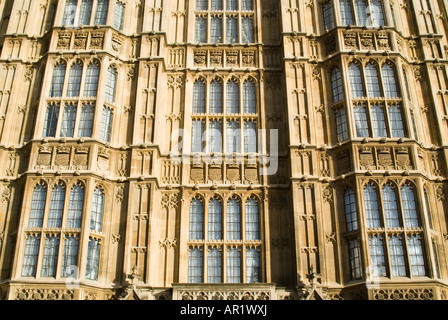 Horizontale Nahaufnahme von Steinmetzarbeiten an der Außenseite der Häuser des Parlaments in Westminster an einem sonnigen Tag Stockfoto